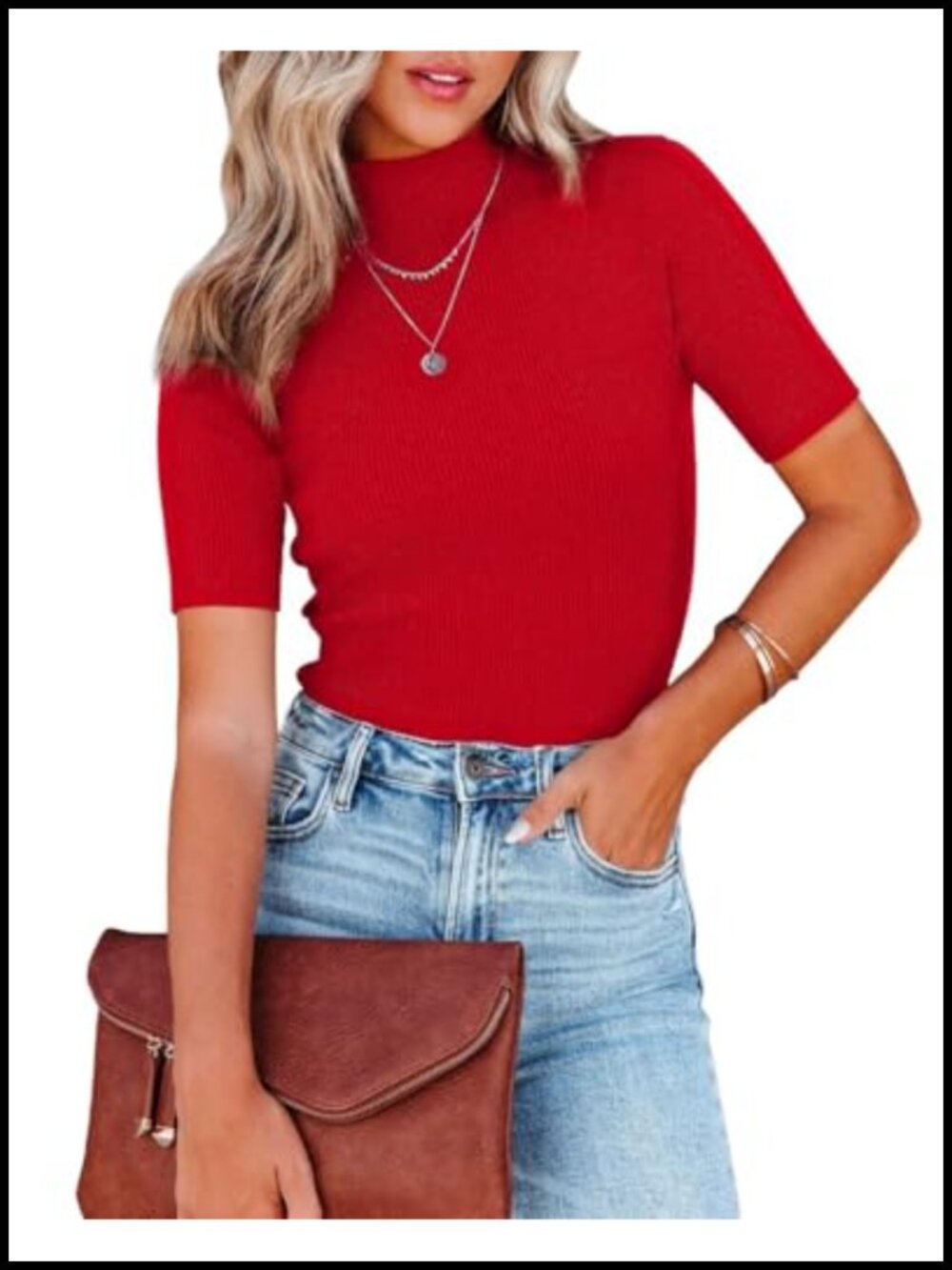 Women's Mock Neck Ribbed Knit Pullover Sweater Short Sleeve Slip-On Top